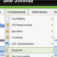 Le composant jUpgrade dans la liste du menu de Joomla