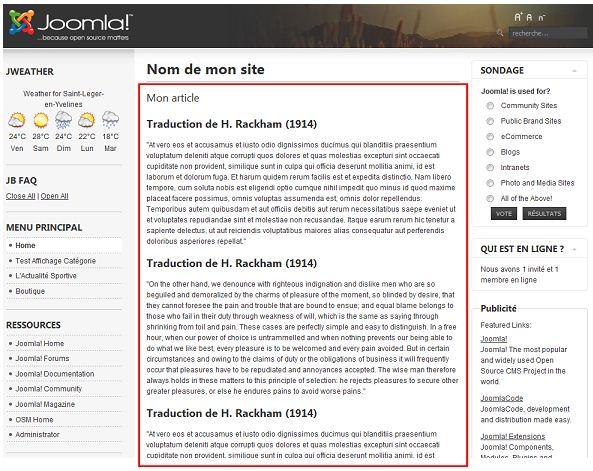 Corps de page d'un site Joomla