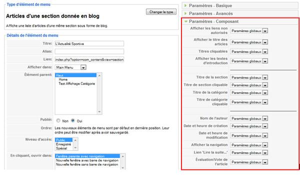 Paramètres d'affichage d'articles dans les menus