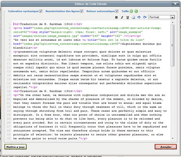 Affichage du code HTML des articles