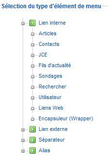 Les types d'éléments de menu