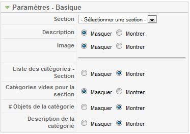 Paramètres des listes d'éléments (section)