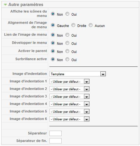 Autres paramètres du module Menu