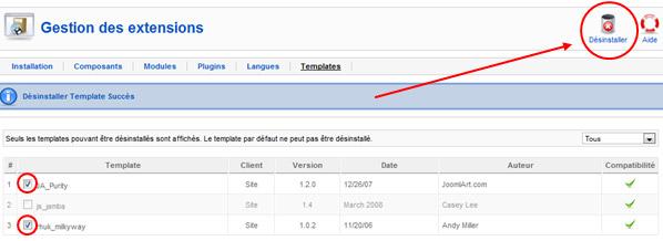 Choix des templates à désinstaller